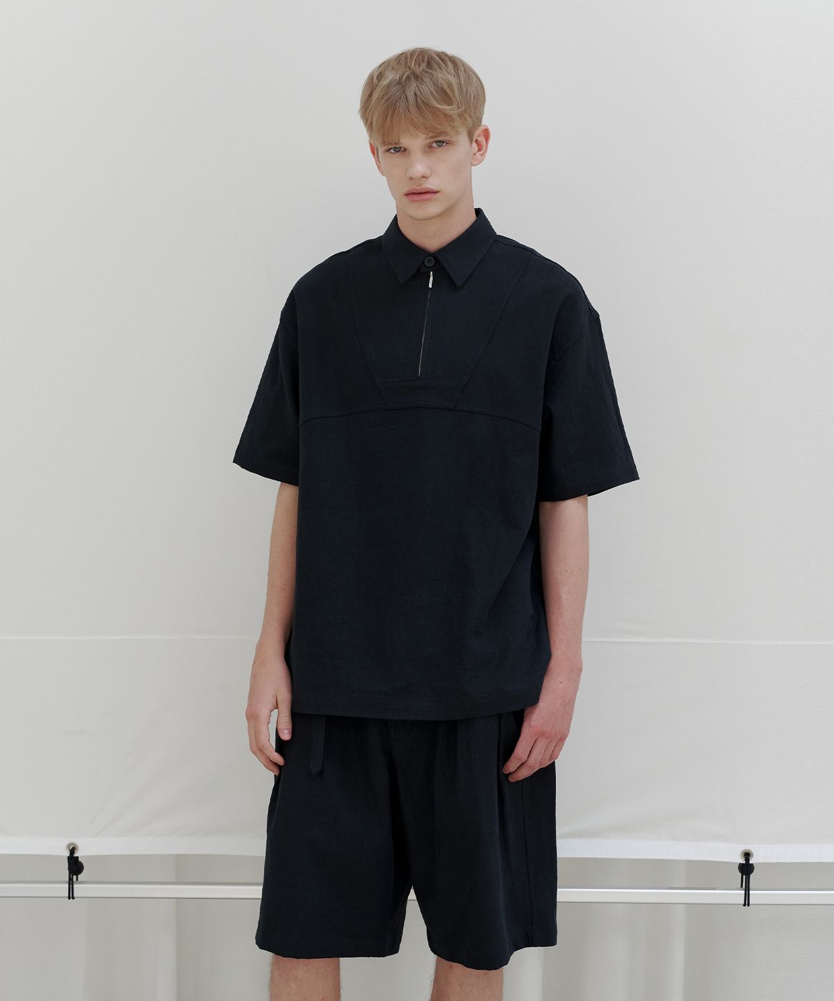 엔도어(ENDOOR) Decker linen zip-up 1/2 shirt (navy)