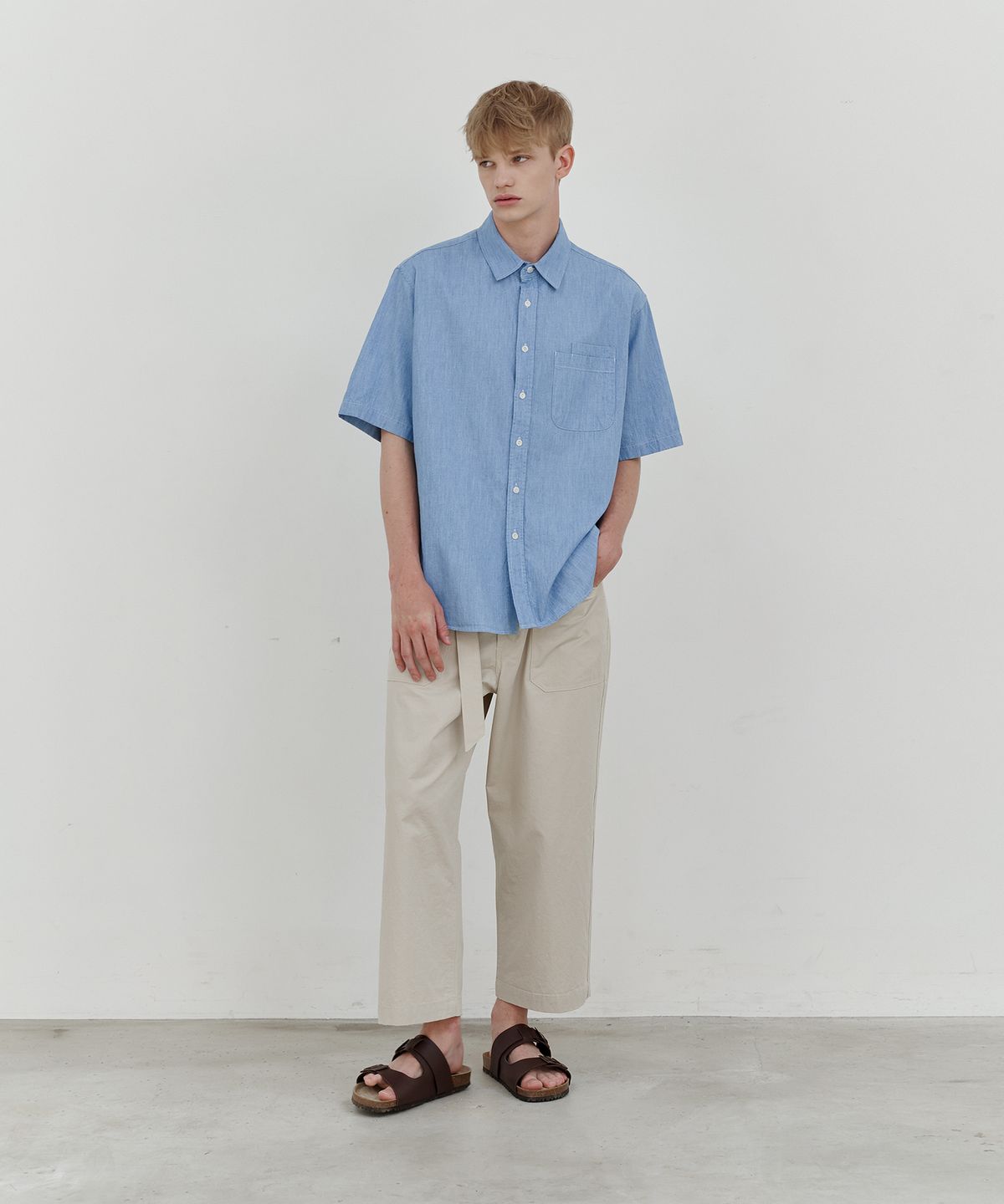 엔도어(ENDOOR) Linen denim double pocket 1/2 shirt (light blue)