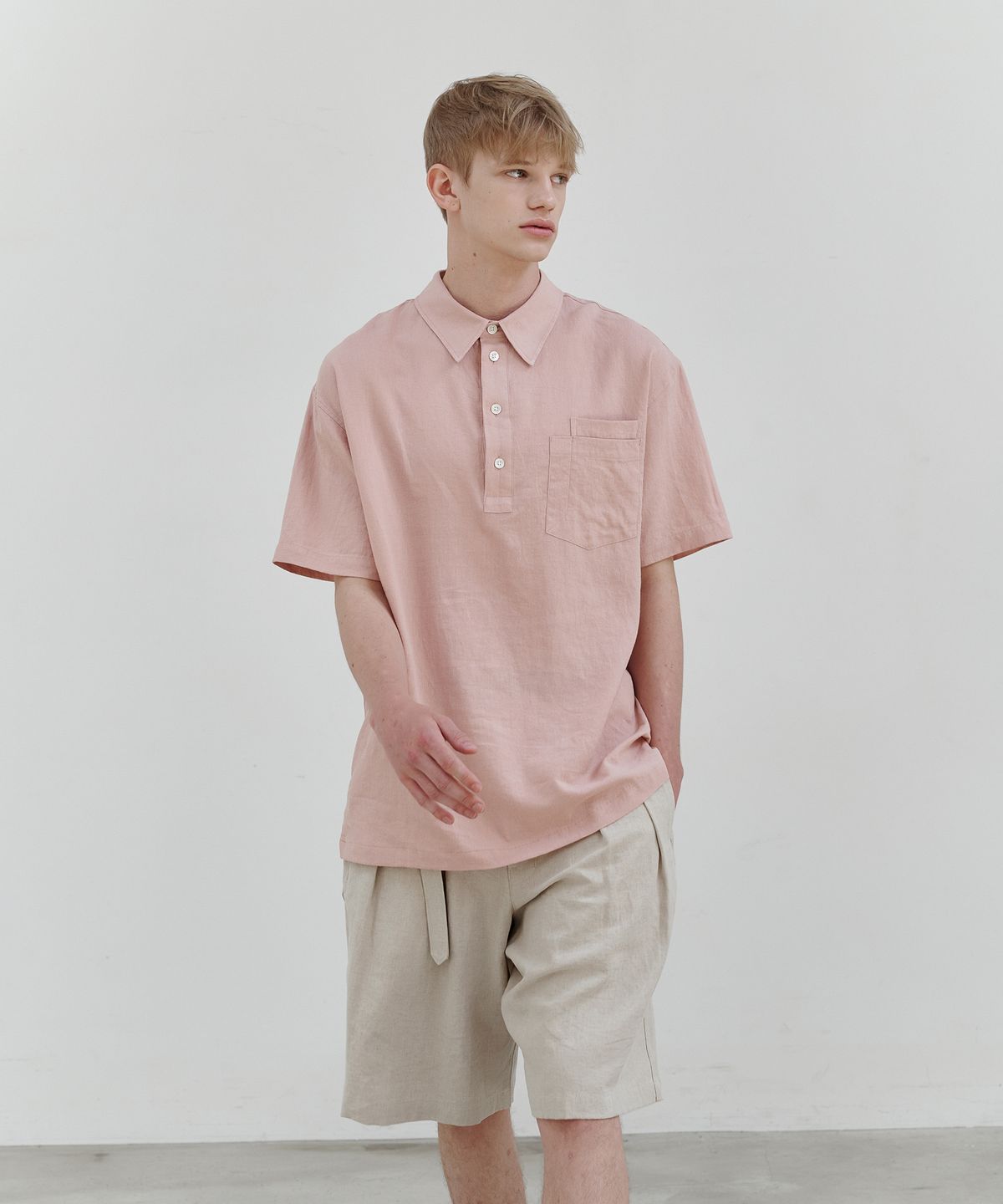 엔도어(ENDOOR) Linen pullover double pocket 1/2 shirt (smoke pink)