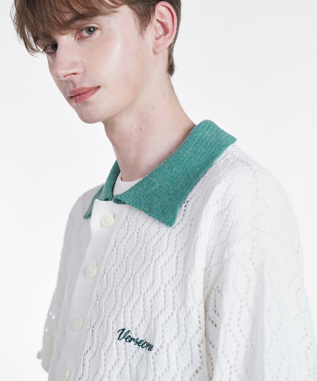 벌스원(VERSE ONE) LINEN PUNCHING RHOMBUS POLO KNIT SWEATER WHITE