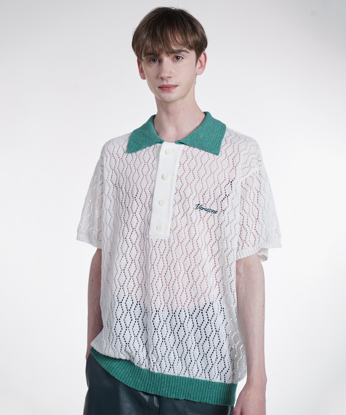벌스원(VERSE ONE) LINEN PUNCHING RHOMBUS POLO KNIT SWEATER WHITE