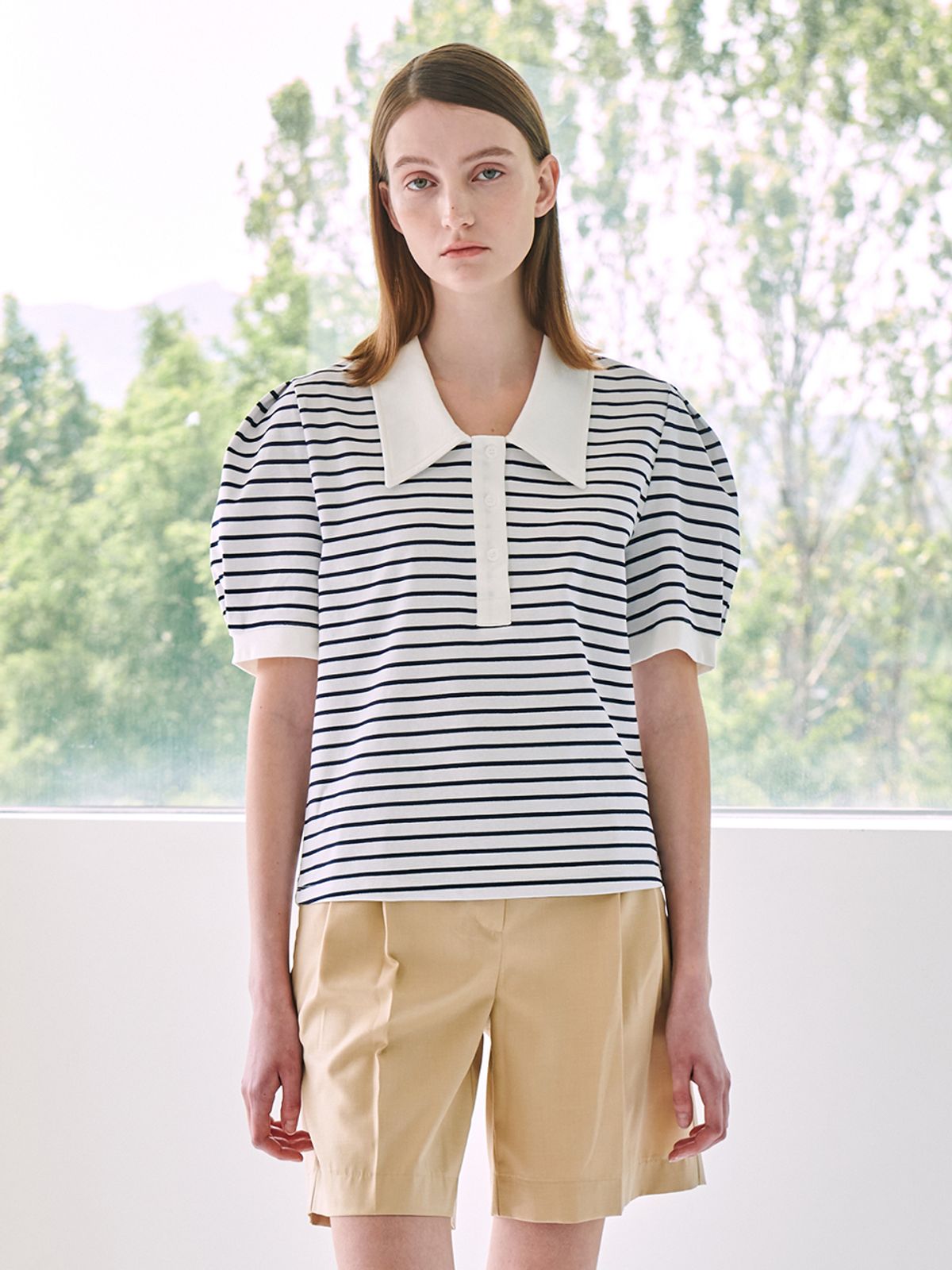 누브(NOUVE) Stripe Puff Collar T-Shirt - Navy