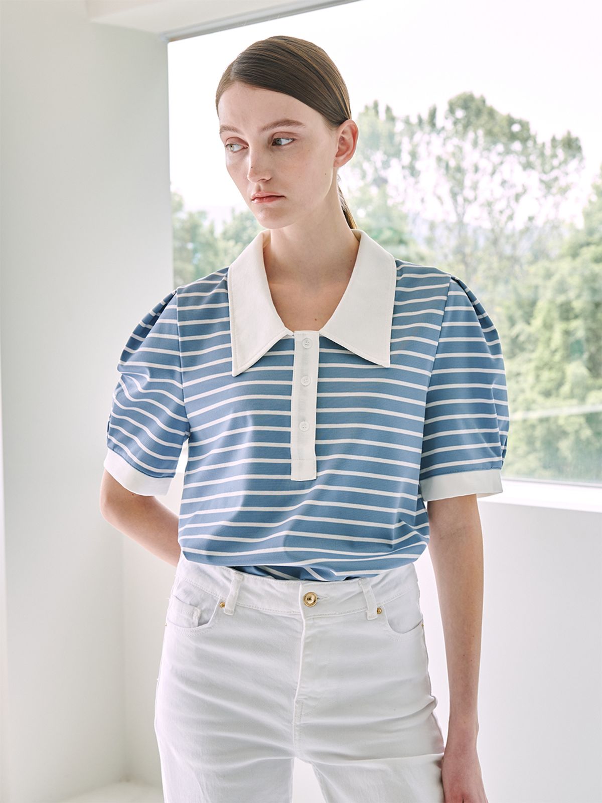누브(NOUVE) Stripe Puff Collar T-Shirt - Sky Blue