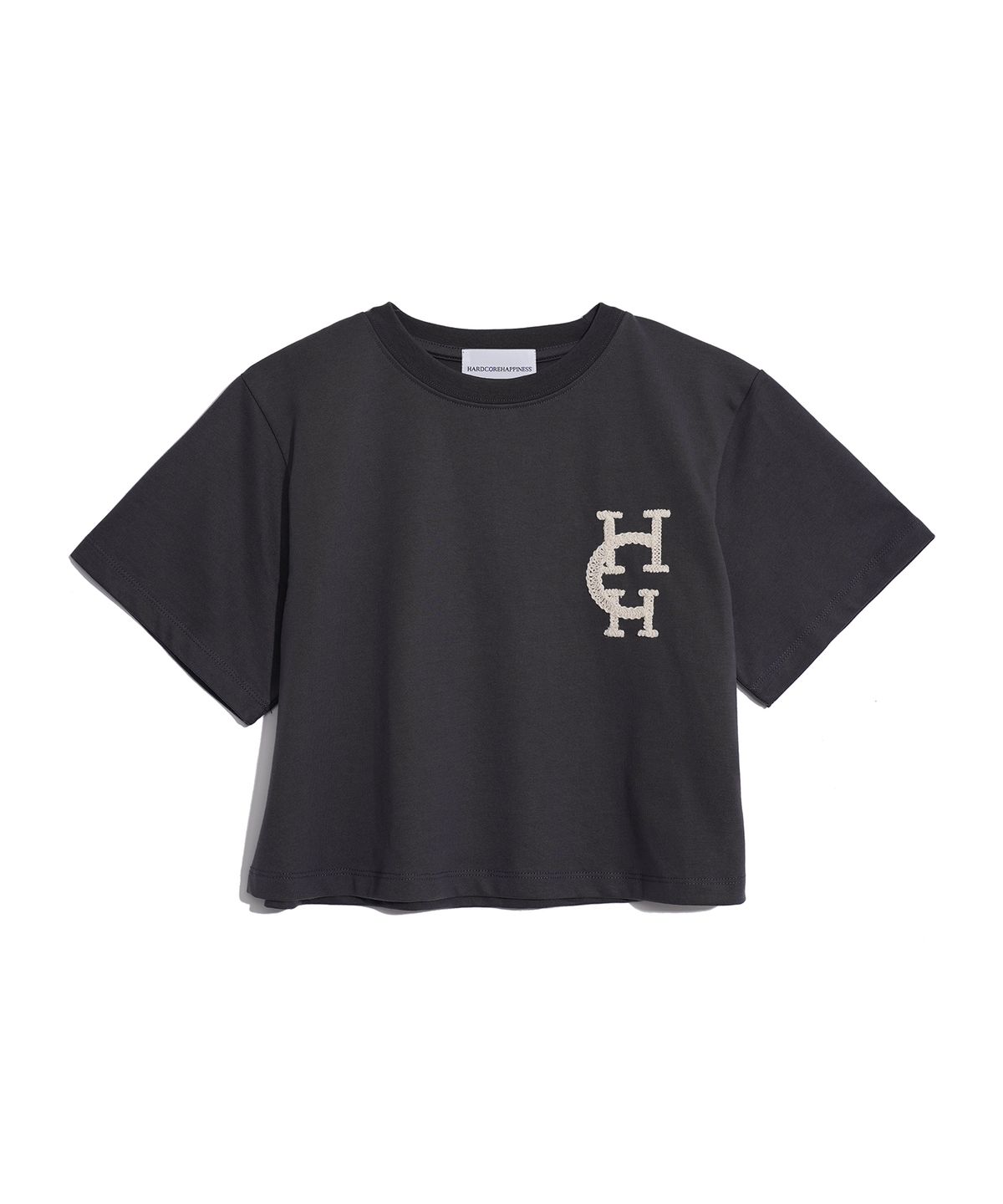 하드코어 해피니스(HARDCORE HAPPINESS) HCH 자수 크롭 티셔츠_CHACOAL