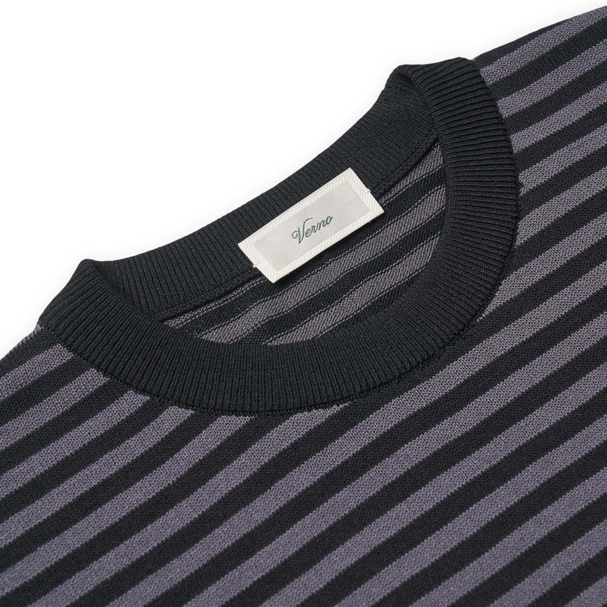 베르노(VERNO) [Casual] Linen Like Short Sleeve Stripe Round Knit Black&Grey