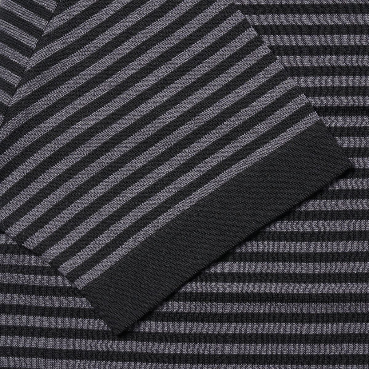 베르노(VERNO) [Casual] Linen Like Short Sleeve Stripe Round Knit Black&Grey