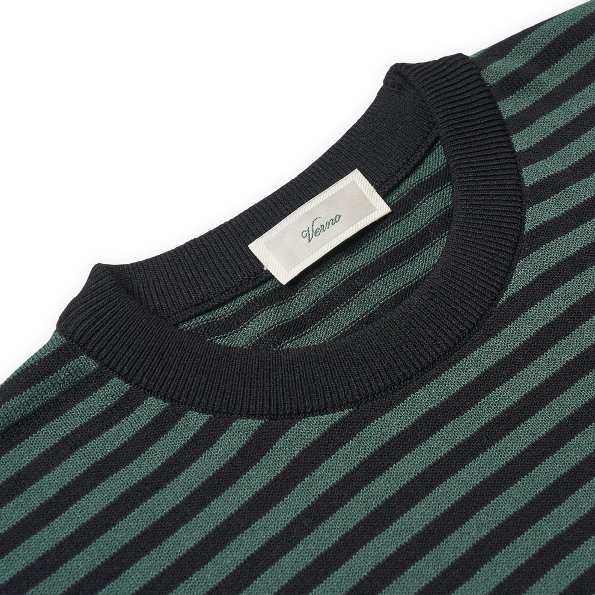 베르노(VERNO) [Casual] Linen Like Short Sleeve Stripe Round Knit Black&Green