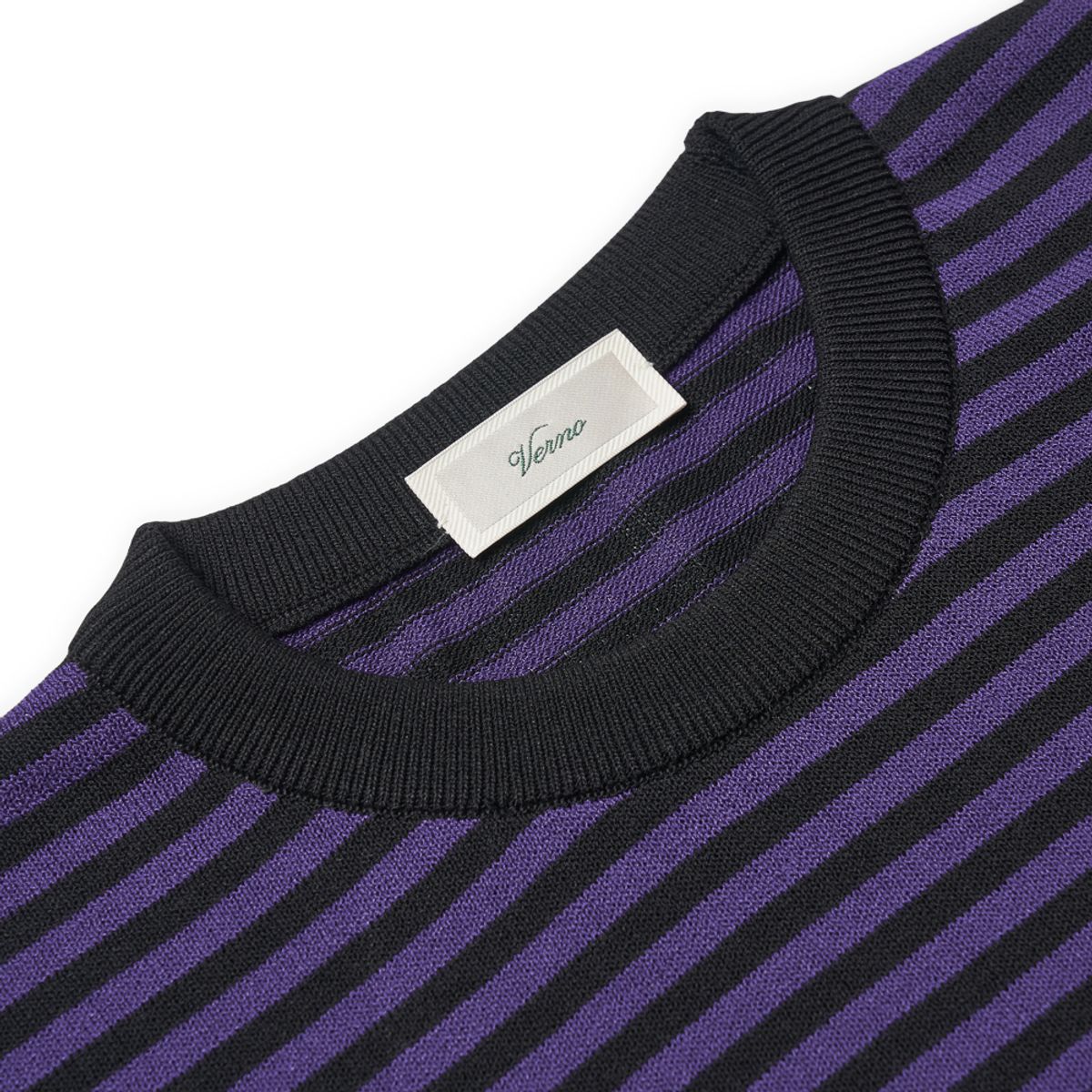 베르노(VERNO) [Casual] Linen Like Short Sleeve Stripe Round Knit Black&Pupple