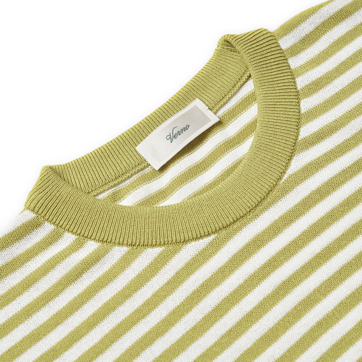 베르노(VERNO) [Casual] Linen Like Short Sleeve Stripe Round Knit Lime&White