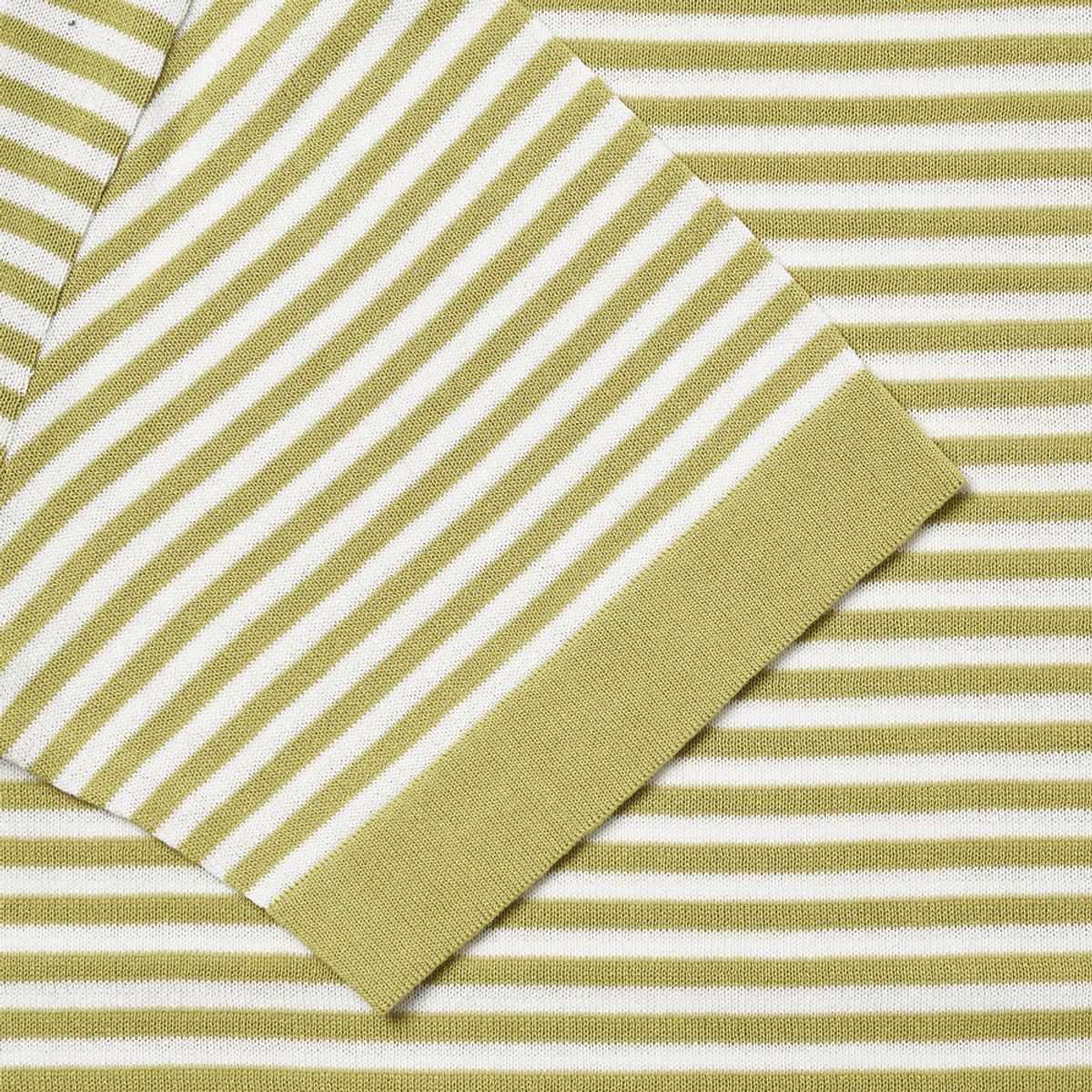 베르노(VERNO) [Casual] Linen Like Short Sleeve Stripe Round Knit Lime&White