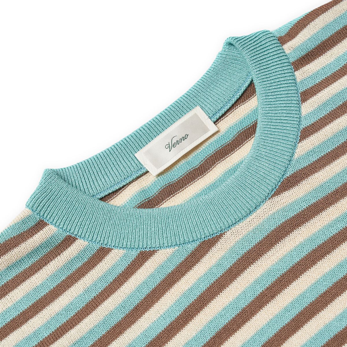 베르노(VERNO) [Casual] Linen Like Short Sleeve Stripe Round Knit Sky blue&Brown&beige