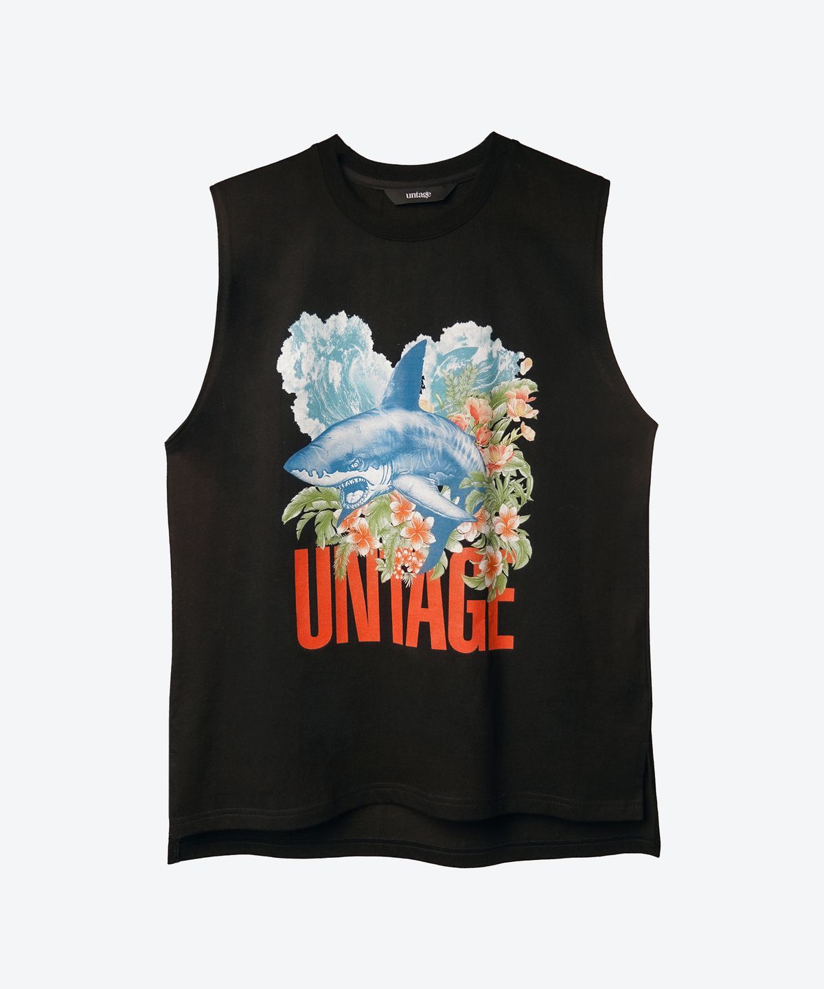 언티지(UNTAGE) 트로피컬 프린트 민소매 티셔츠[Black(UNISEX)]_UTT-ST43