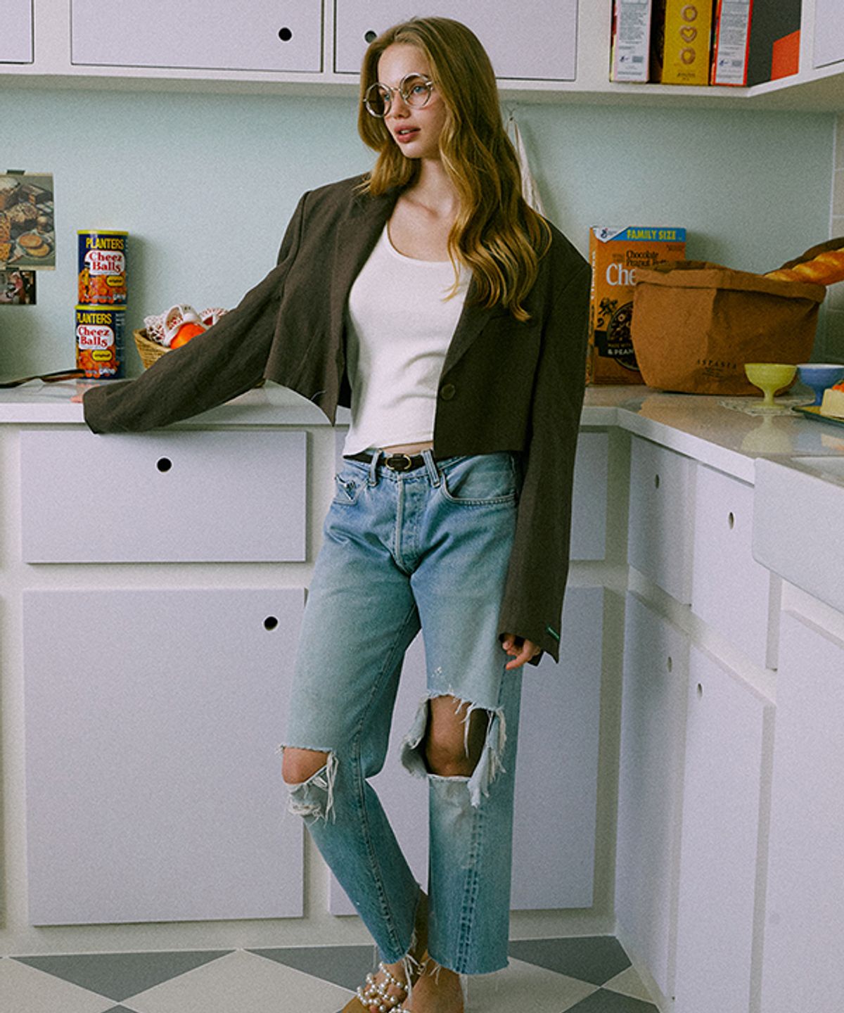 그린버터(GREENBUTTER) One Button Crop Linen jacket (Brown)