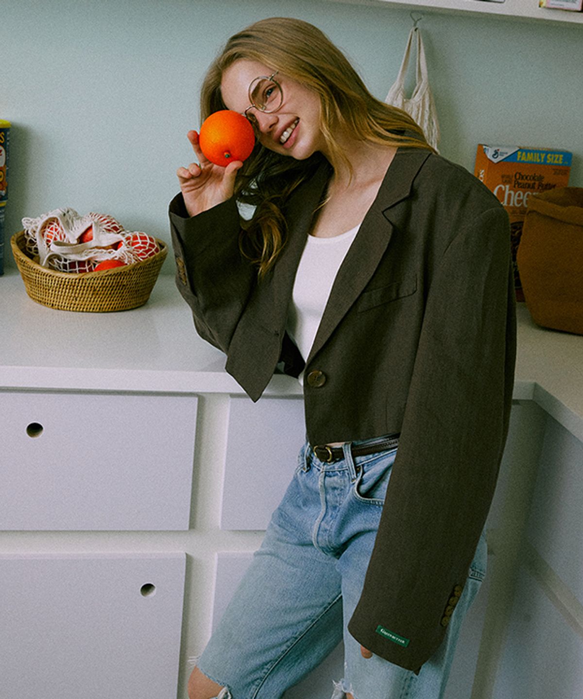 그린버터(GREENBUTTER) One Button Crop Linen jacket (Brown)