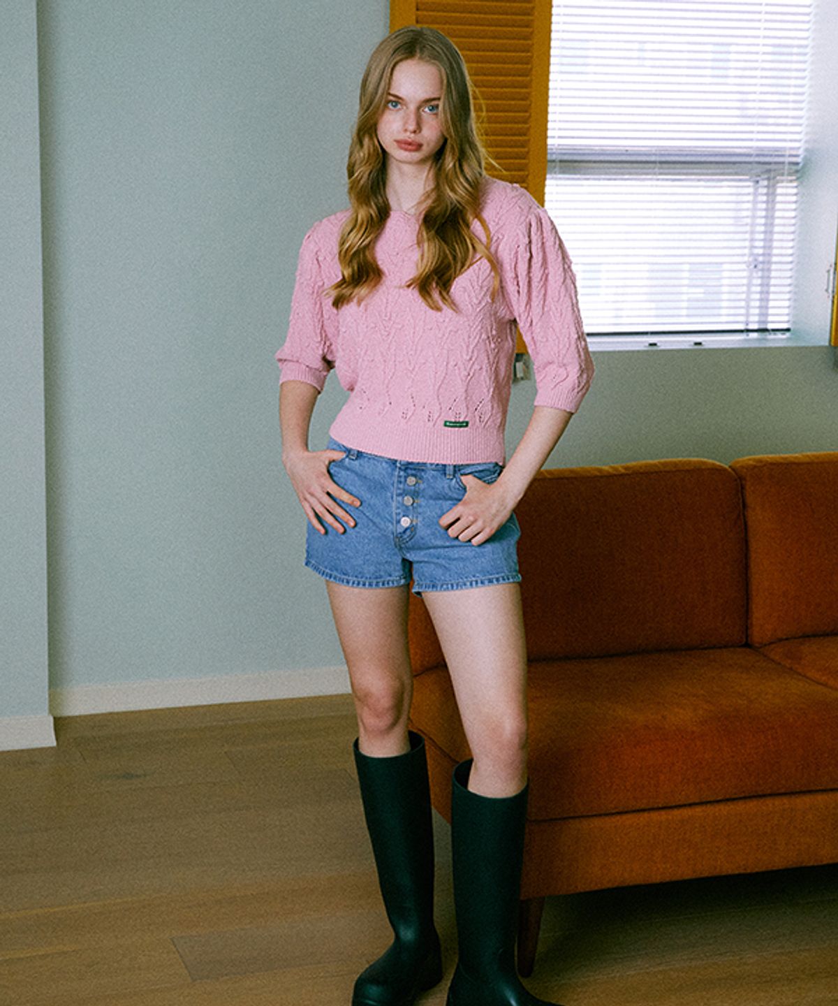 그린버터(GREENBUTTER) Wave Pom Pom Round Knit (Pink)