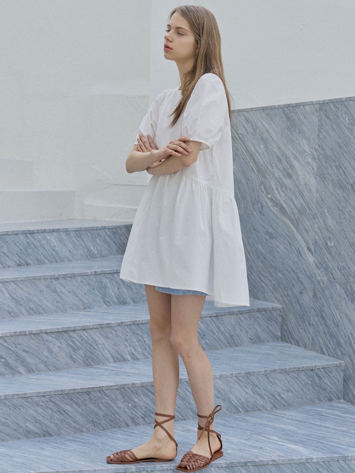 아방(AVANT-G) Puff Shirring Mini Dress - IVORY