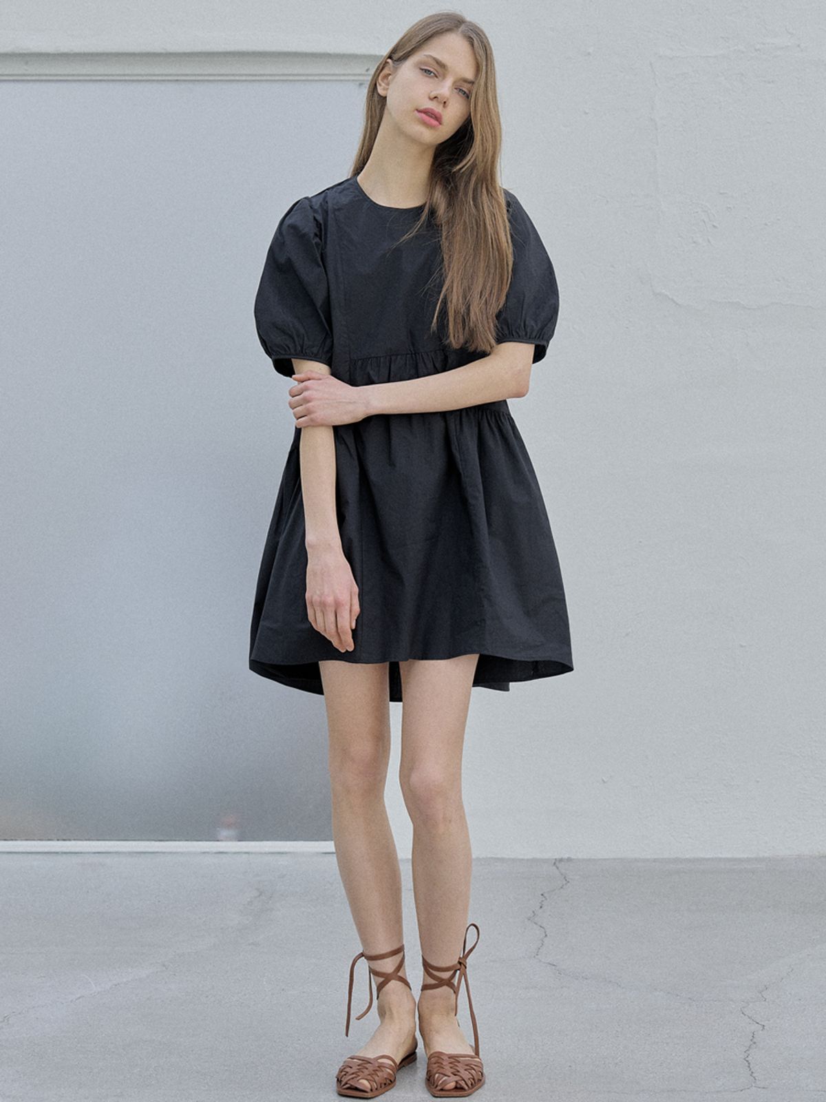 아방(AVANT-G) Puff Shirring Mini Dress - BLACK