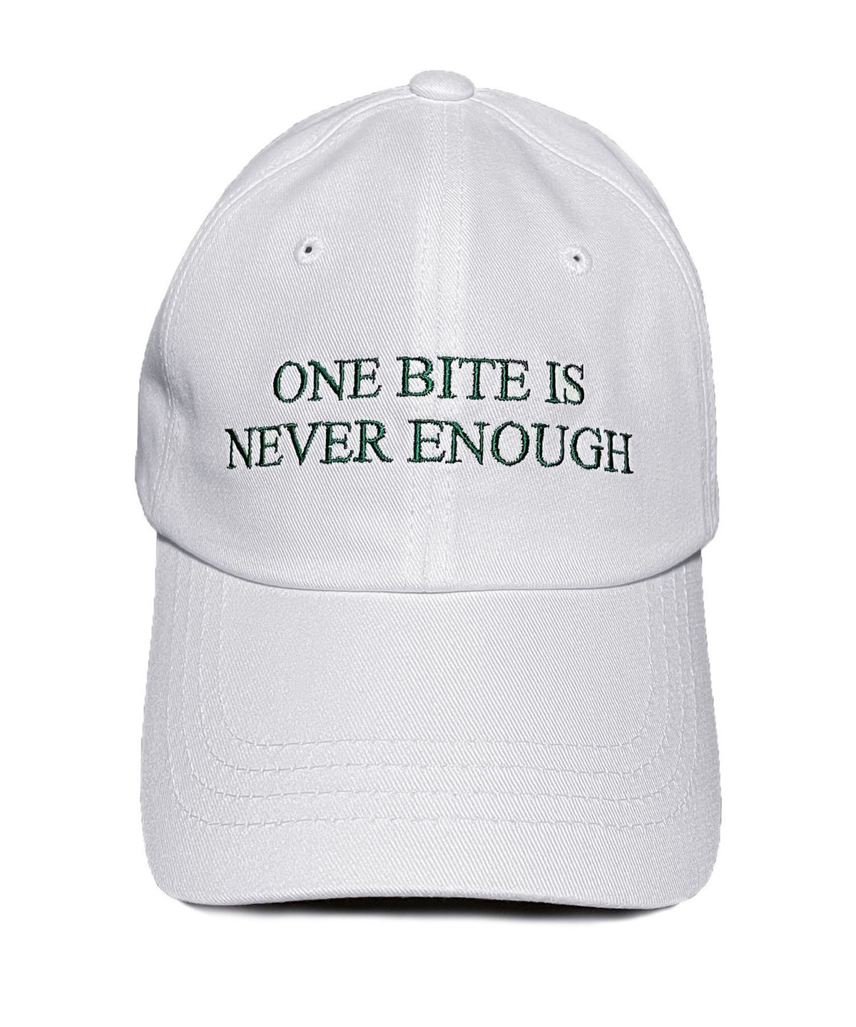 오바인(OBINE) ONE BITE IS NEVER ENOUGH 레터링 소프트 볼캡 화이트