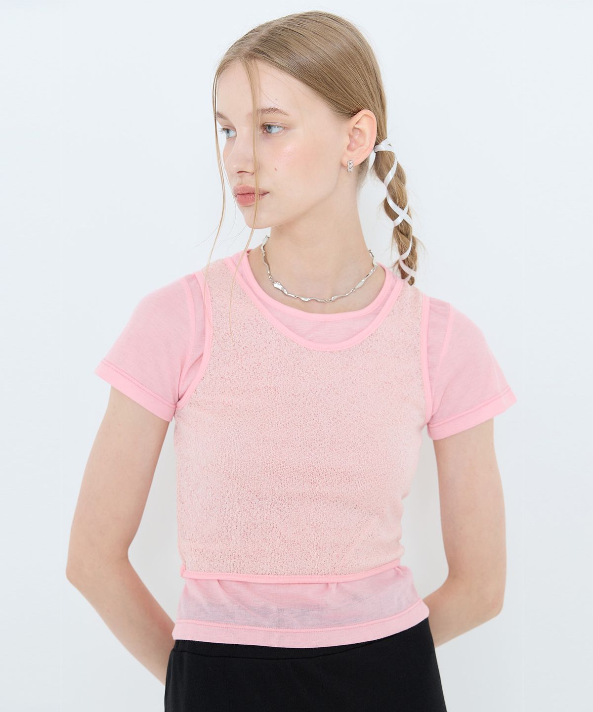 라티젠(LARTIGENT) L4 RIBBON LAYERD T-SHIRT(PINK)