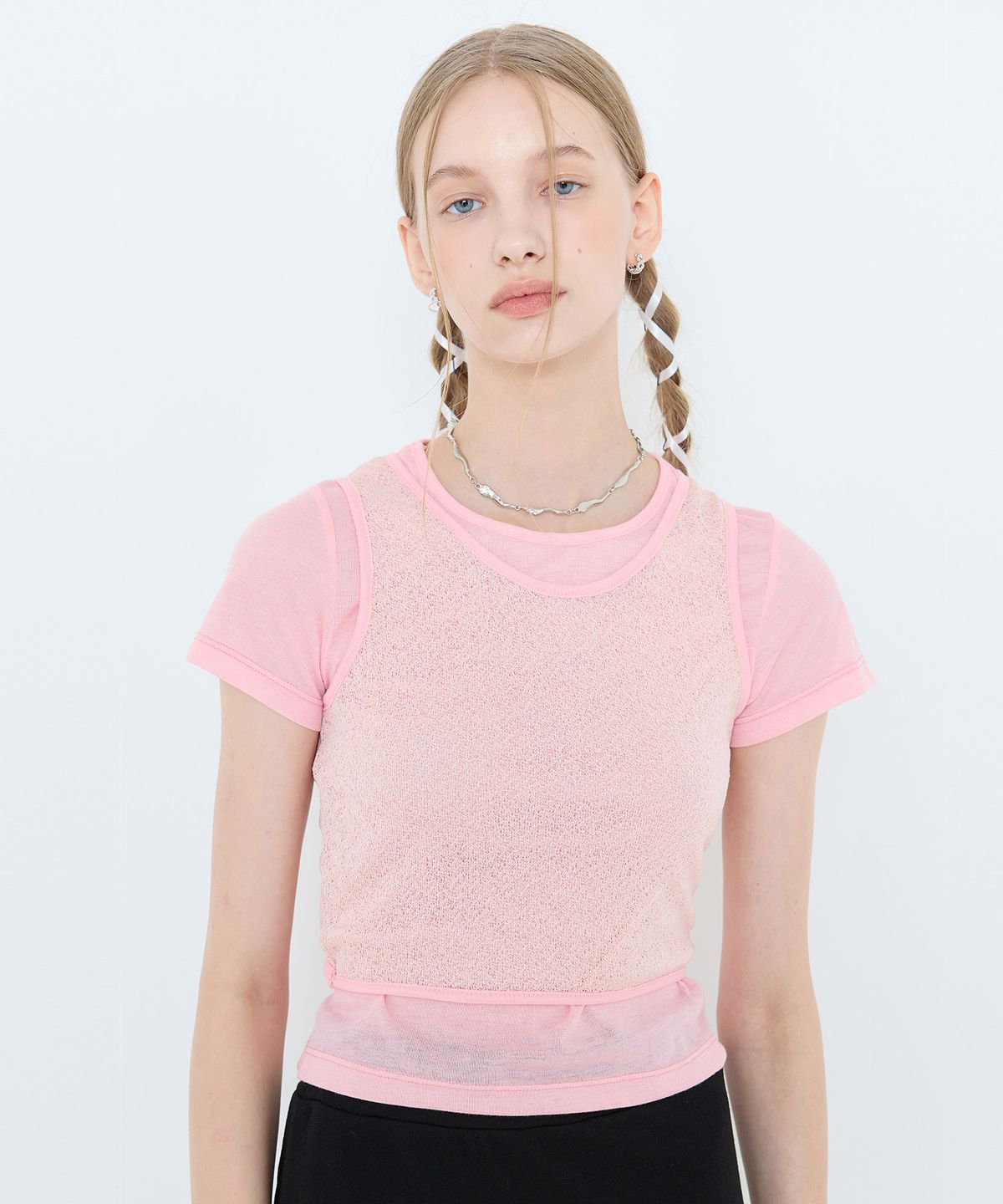 라티젠(LARTIGENT) L4 RIBBON LAYERD T-SHIRT(PINK)