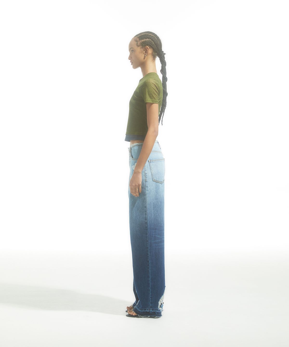 드레(DRAE) OVERLAY-MESH DENIM T-SHIRT_KHAKI