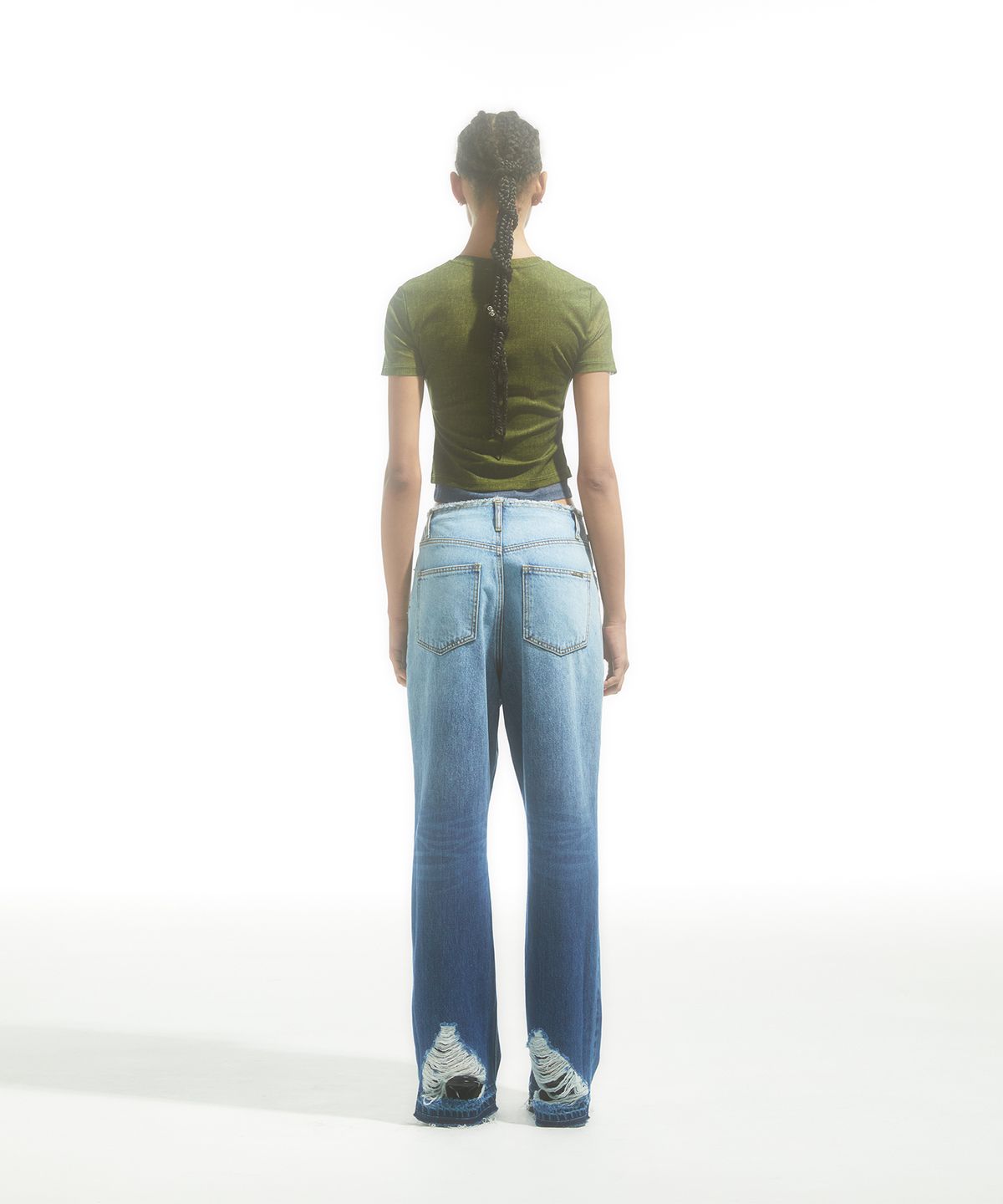 드레(DRAE) OVERLAY-MESH DENIM T-SHIRT_KHAKI