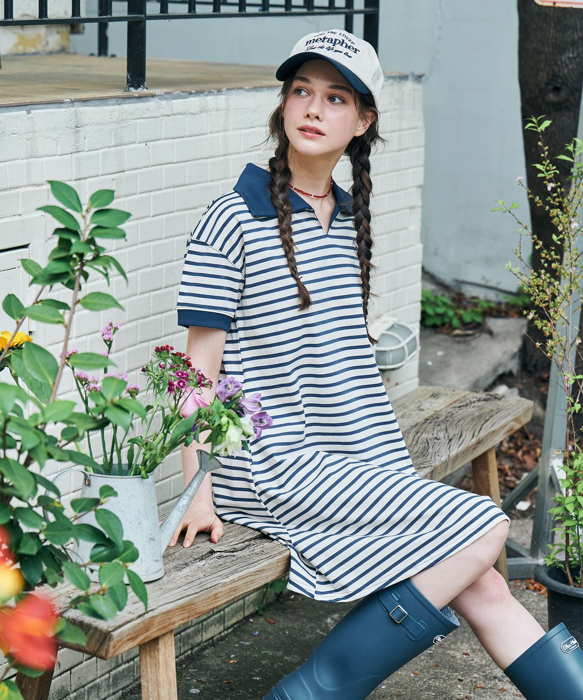 메타퍼(METAPHER) MET 스트라이프 카라 여름 원피스 네이비
