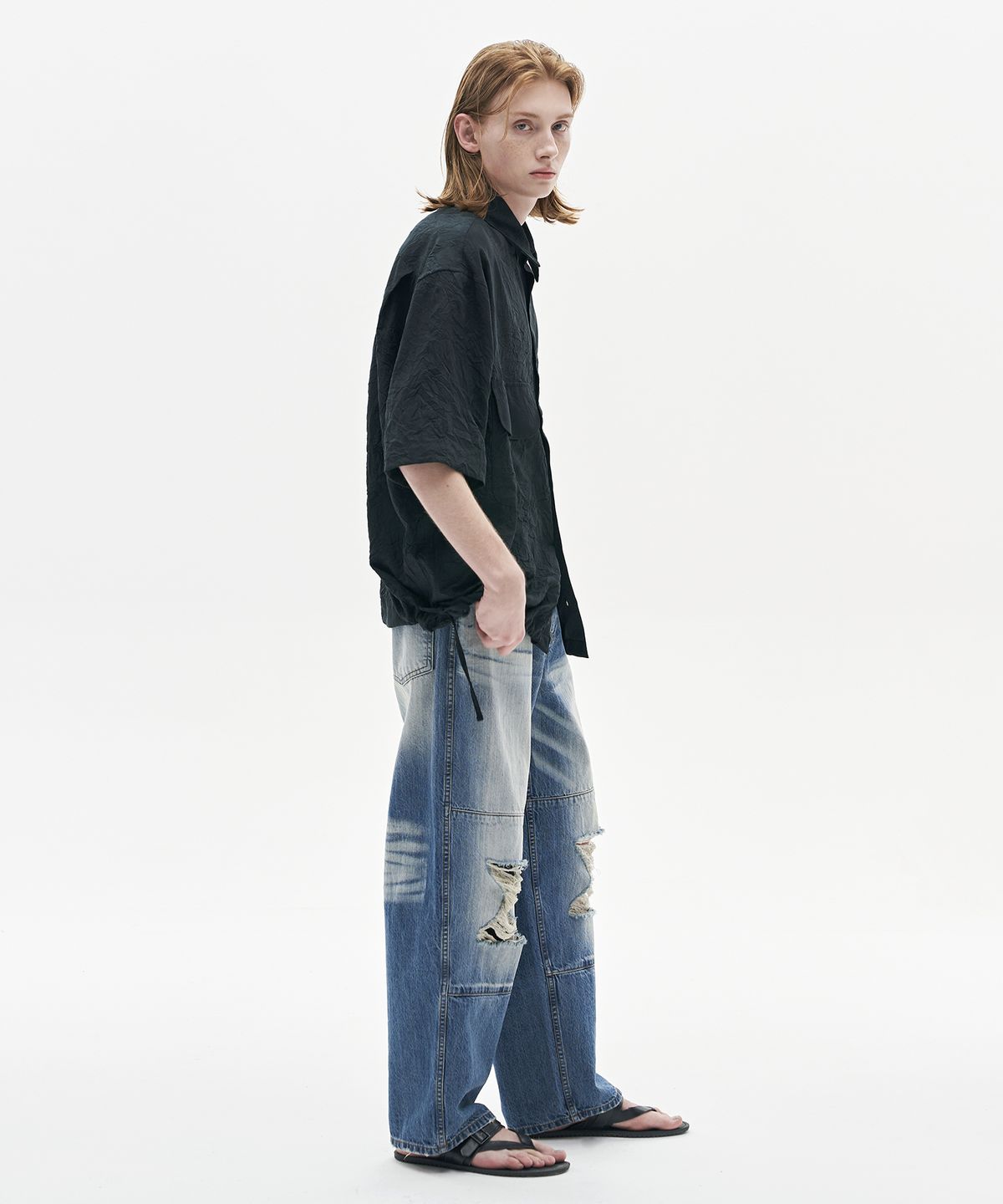 노운(NOUN) sandglass destroyed denim pants (mid blue)