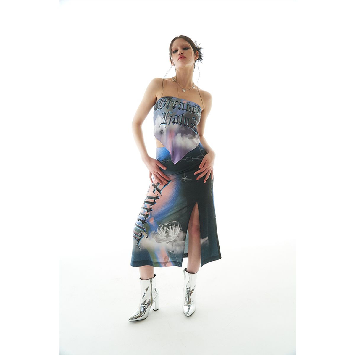 하투(HATU) CHAIN PRINTING SCARF TOP PURPLE