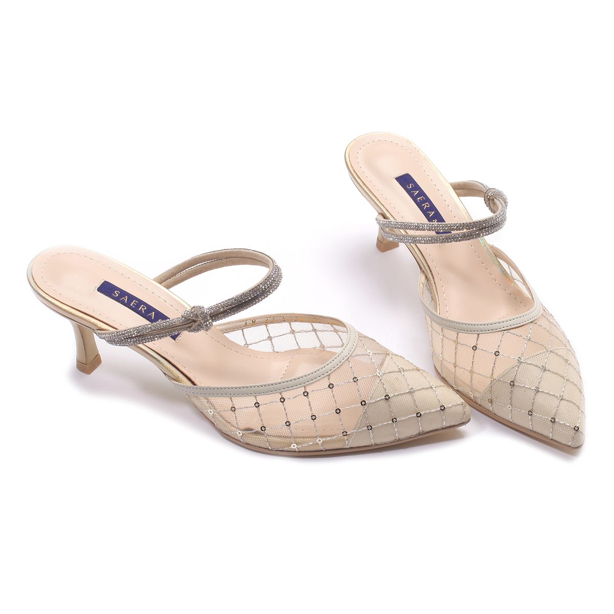 세라(SAERA) 세라 뮬 스틸레토 스팽글망사 보석끈 6CM A23M003