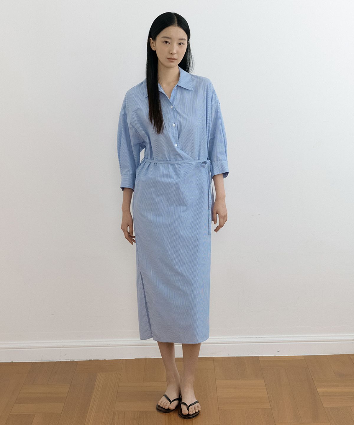 링서울(LINGSEOUL) stripe wrap shirt dress-blue
