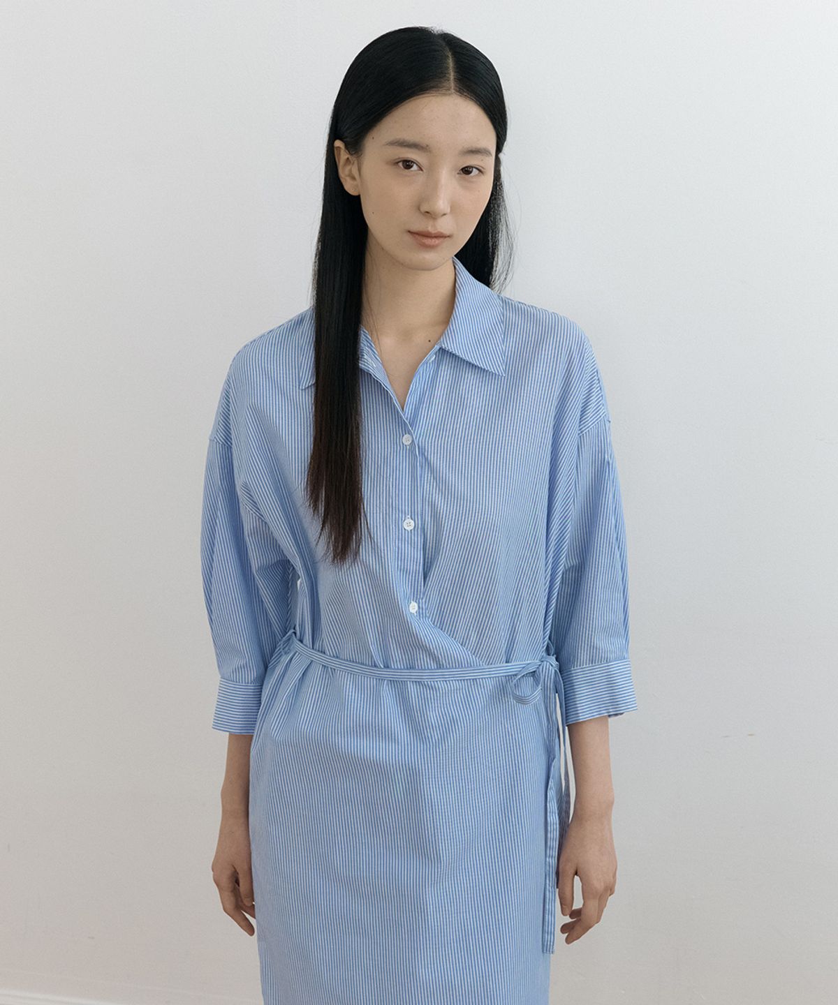 링서울(LINGSEOUL) stripe wrap shirt dress-blue
