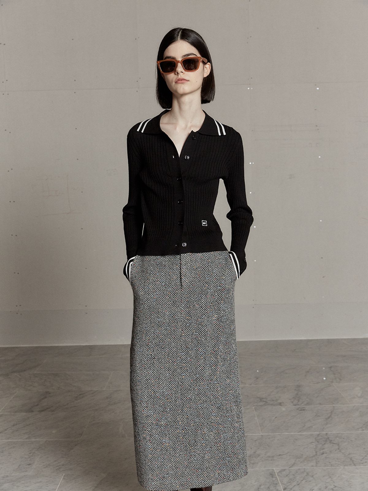 뮤제(MUSEE) SOPHIA Tweed Wool Long Skirt-Black