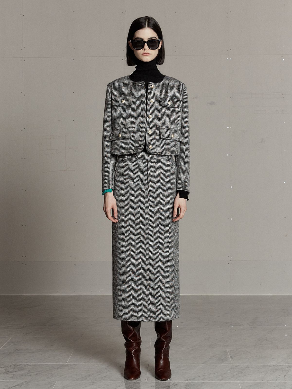 뮤제(MUSEE) SOPHIA Tweed Wool Long Skirt-Black