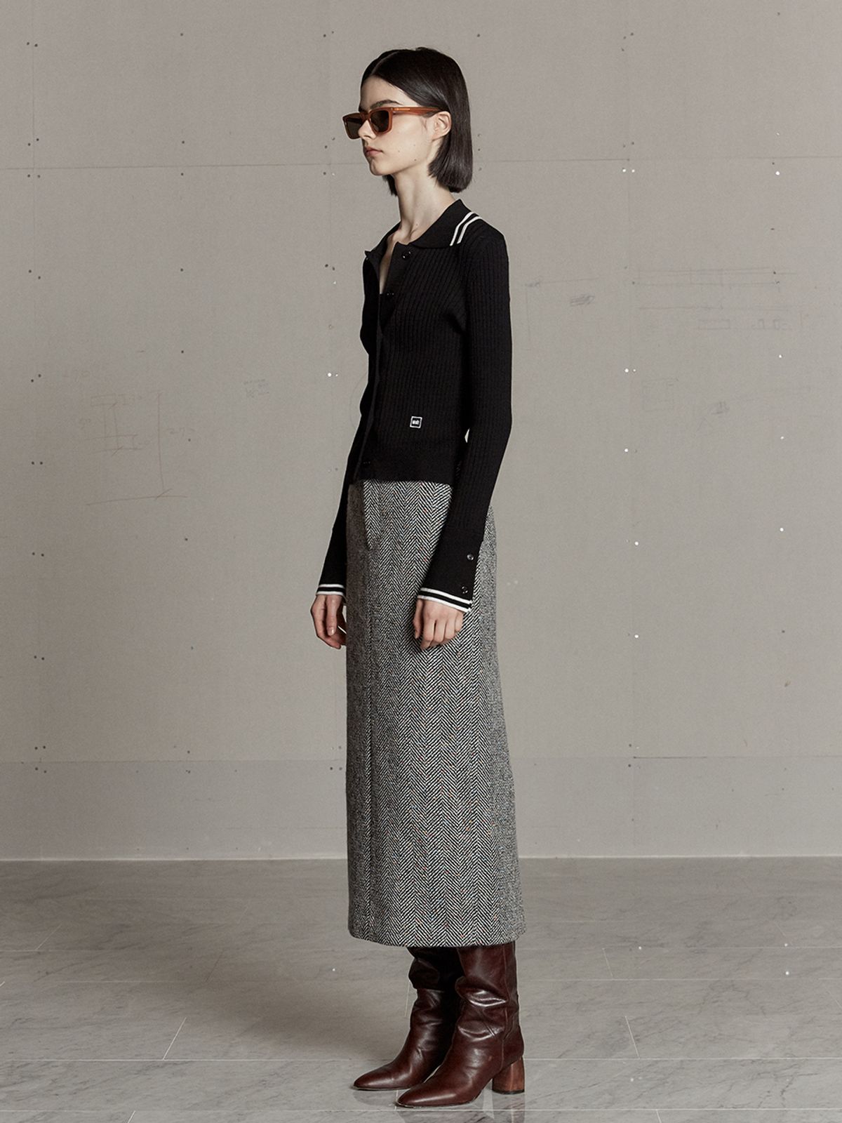 뮤제(MUSEE) SOPHIA Tweed Wool Long Skirt-Black