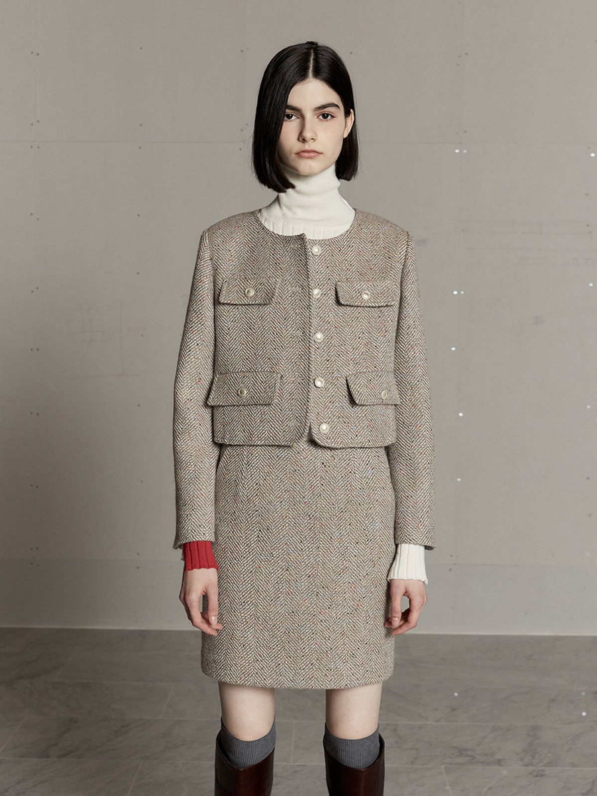 뮤제(MUSEE) MIENNE Tweed Wool Mini Skirt-Beige