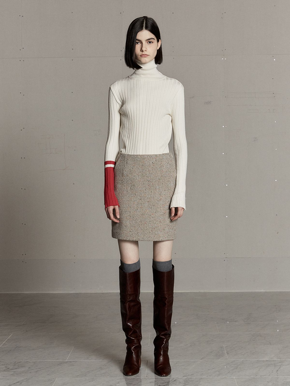 뮤제(MUSEE) MIENNE Tweed Wool Mini Skirt-Beige