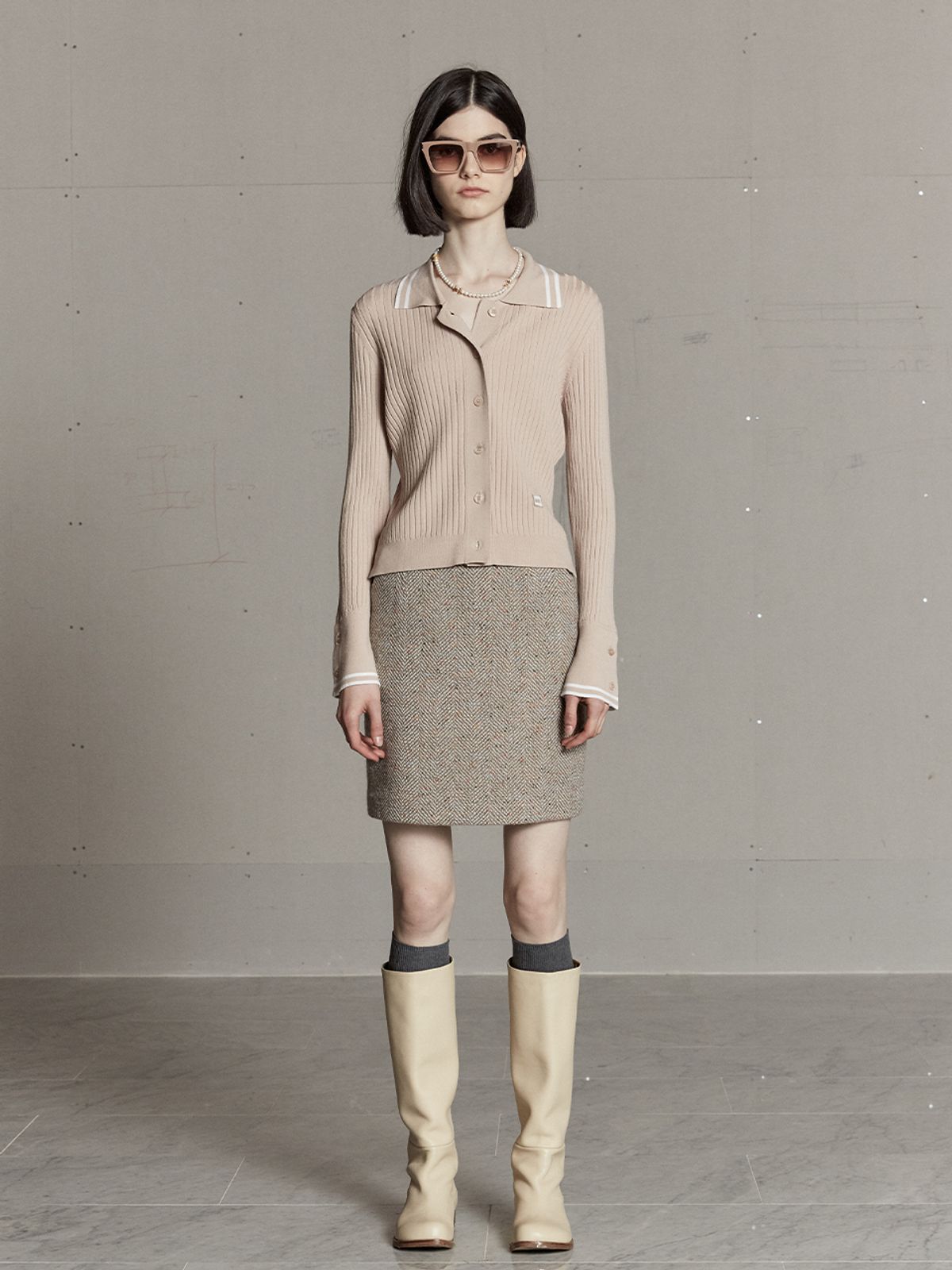 뮤제(MUSEE) MIENNE Tweed Wool Mini Skirt-Beige