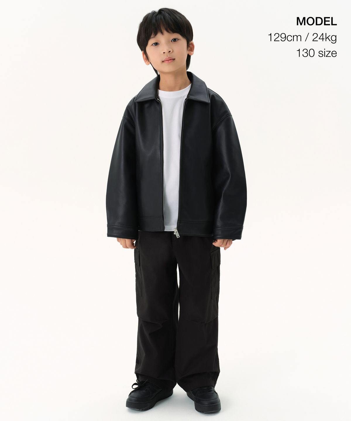 무신사 스탠다드 키즈(MUSINSA STANDARD KIDS) 신세틱 레더 오버사이즈 싱글 재킷 [블랙]