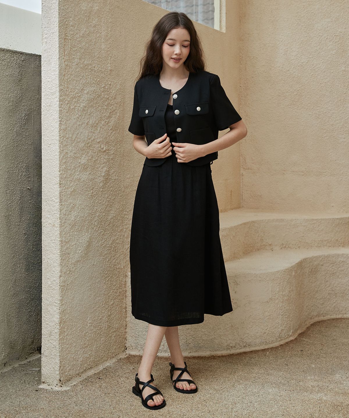 바이바이섭(BIBYSEOB) [SET] 써머 크롭 싱글 자켓 + 미니 스커트 블랙