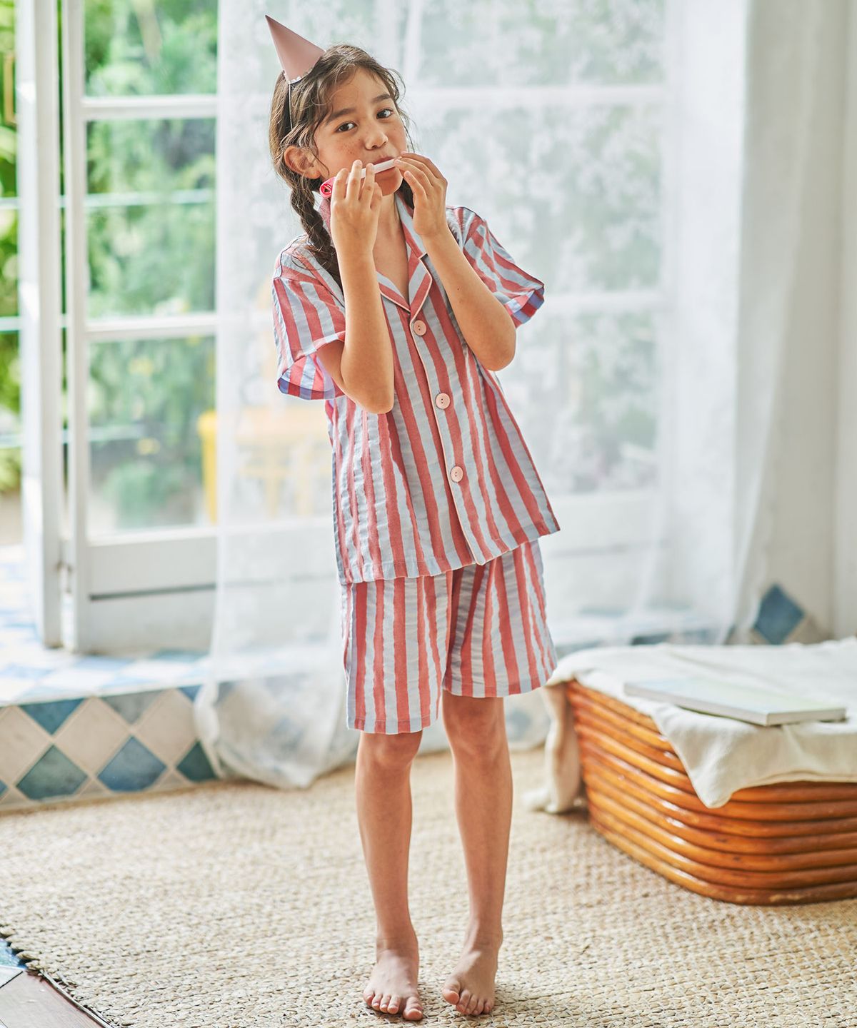 이루시다(IRUSIDA) 핑크 버튼 스트라이프 반팔 아동 잠옷