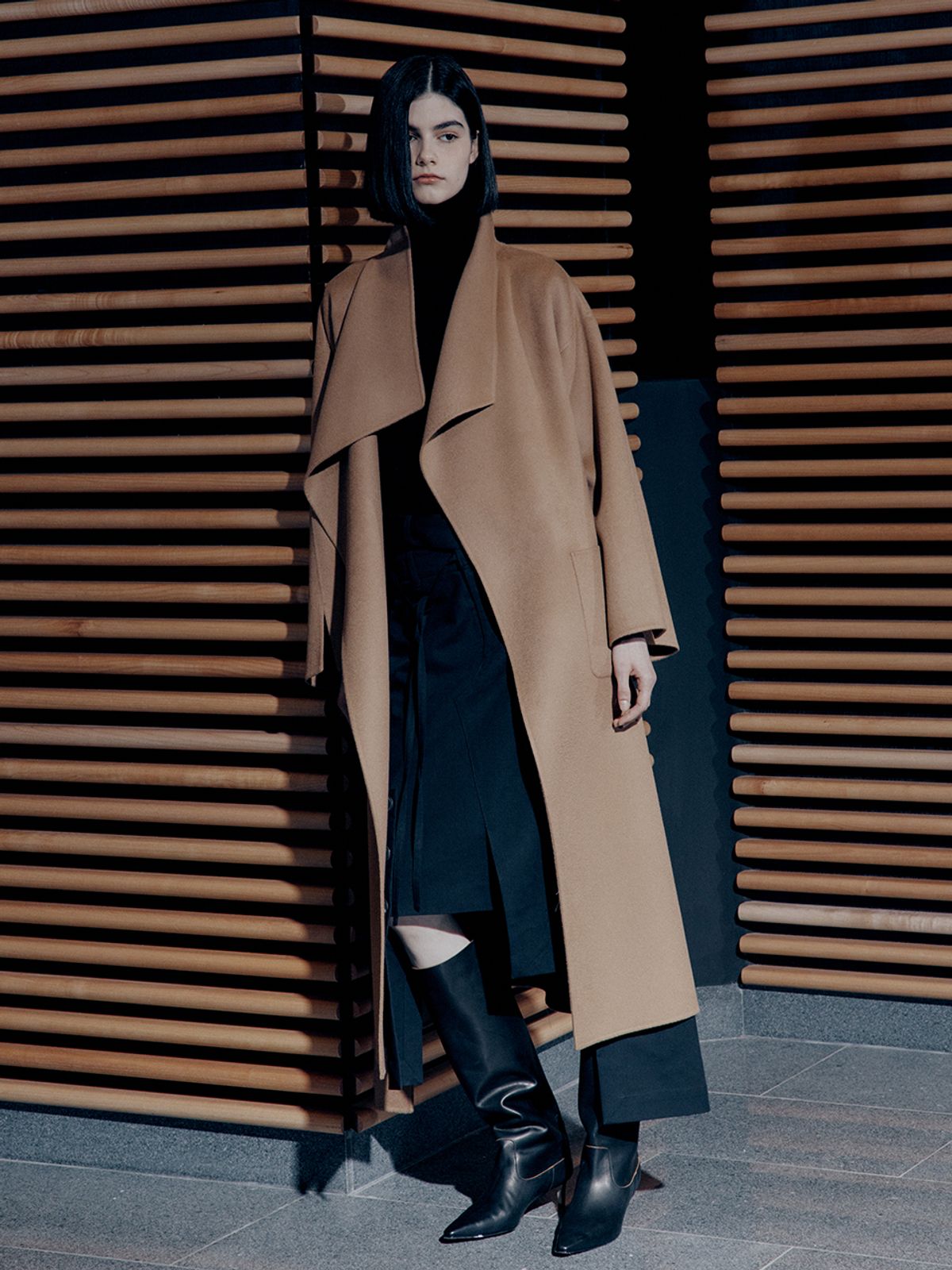 뮤제(MUSEE) LUNDI Merino Wool Unbalance Shawl Collar Handmade Coat-Camel