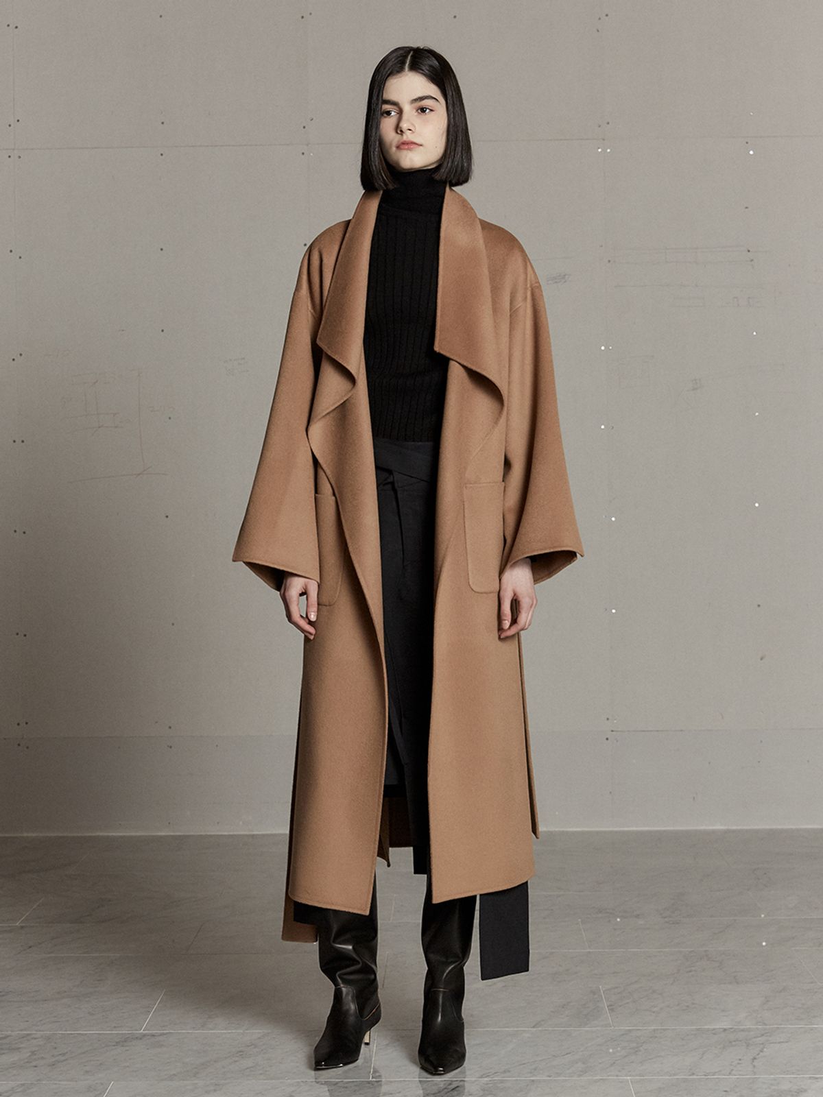 뮤제(MUSEE) LUNDI Merino Wool Unbalance Shawl Collar Handmade Coat-Camel