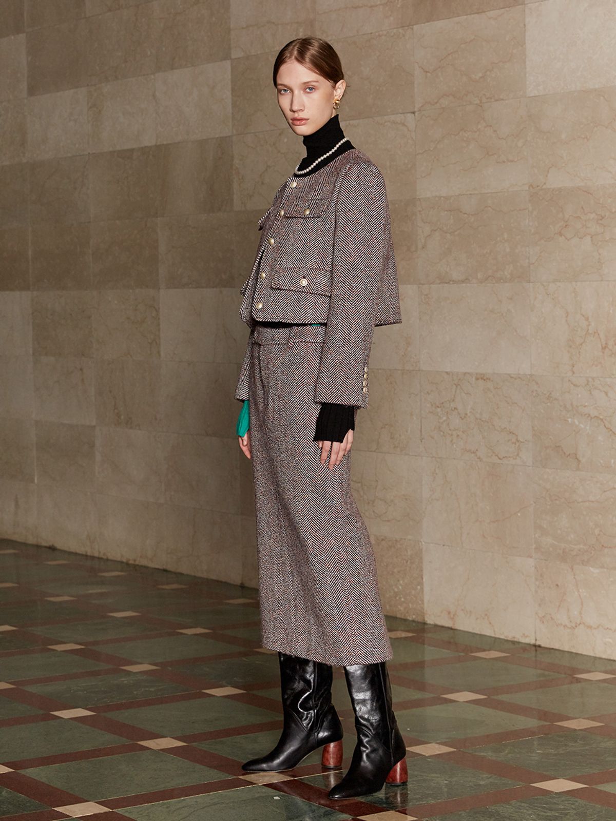 뮤제(MUSEE) SOPHIA Tweed Wool Long Skirt-Burgundy