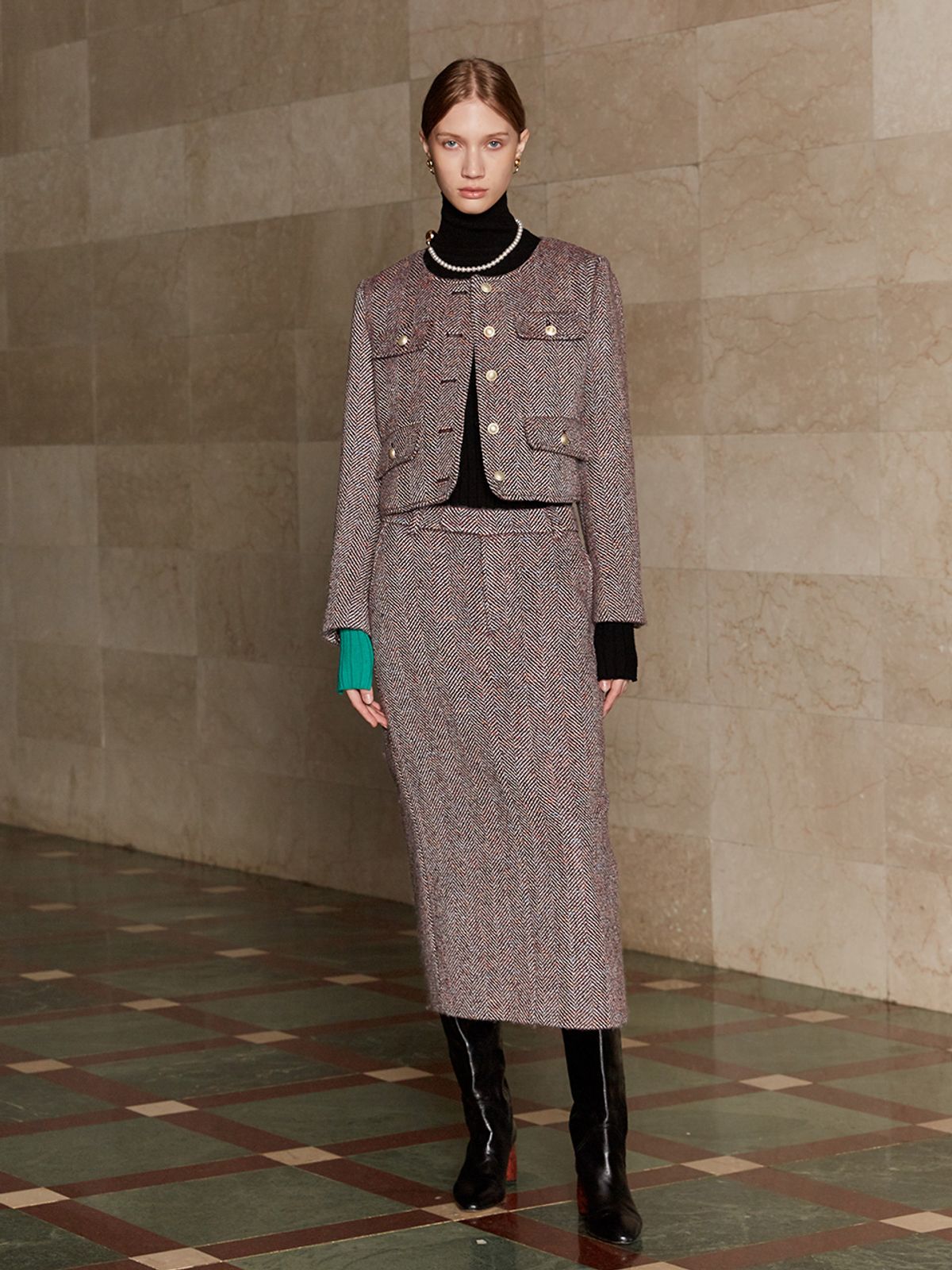 뮤제(MUSEE) SOPHIA Tweed Wool Long Skirt-Burgundy