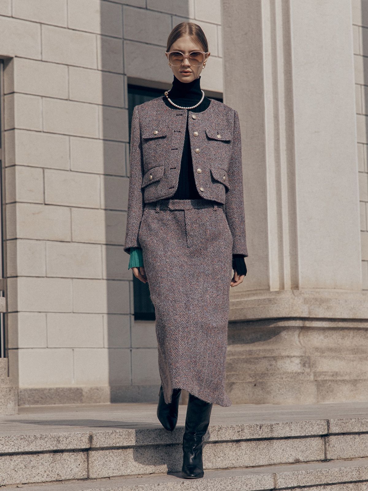 뮤제(MUSEE) SOPHIA Tweed Wool Long Skirt-Burgundy