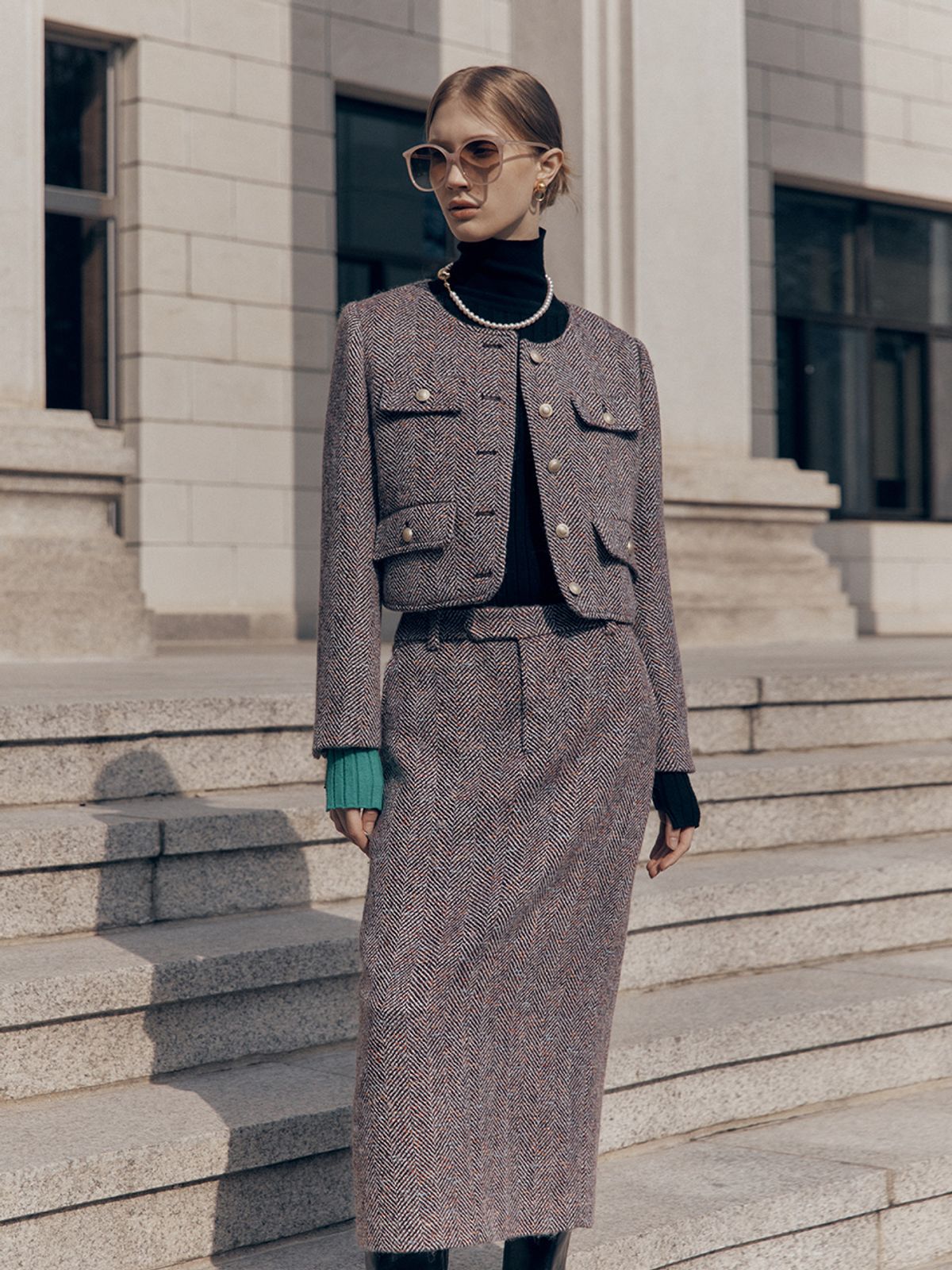 뮤제(MUSEE) SOPHIA Tweed Wool Long Skirt-Burgundy