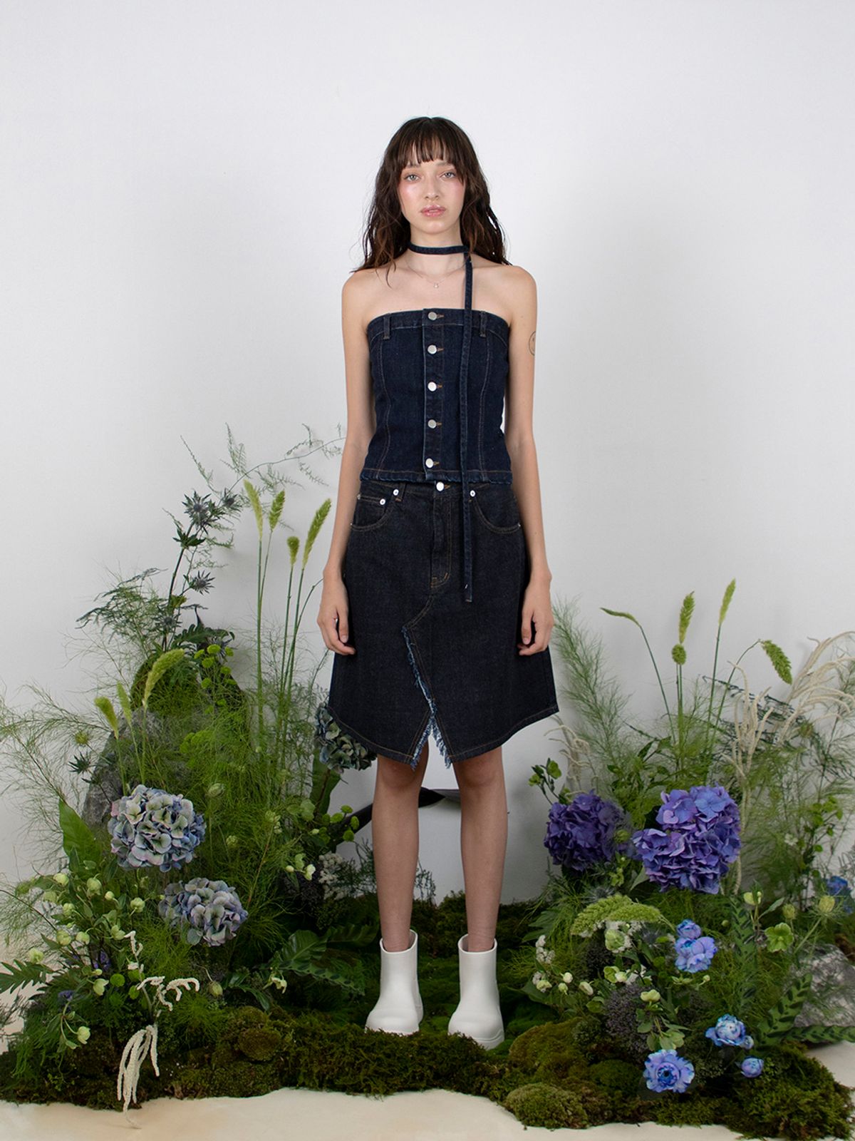 민더리(MEENDERI) SCARF DENIM TUBE TOP - INDIGO