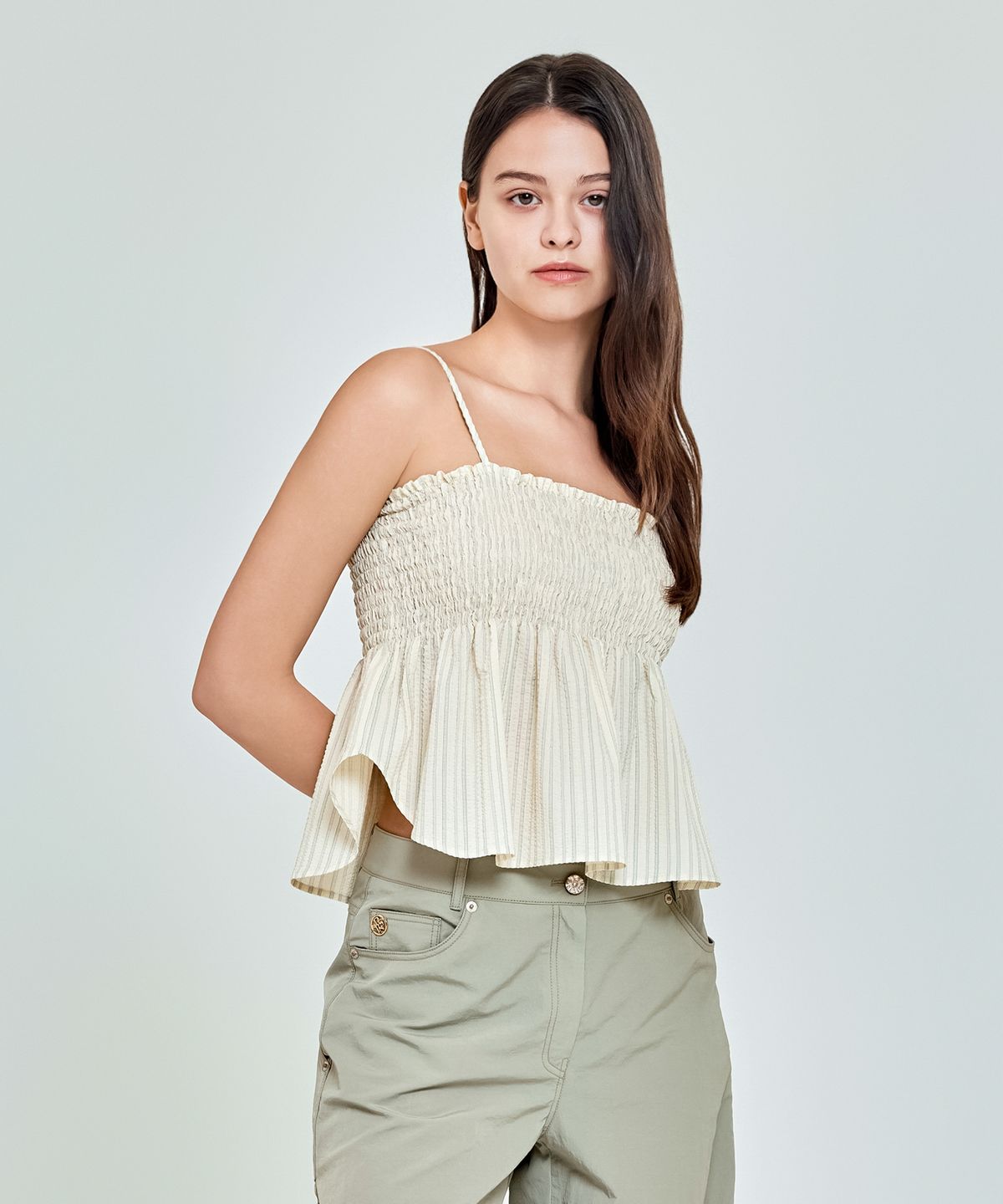 드파시온(DEPASION) 스트라이프 스모크 크롭 뷔스티에 (라이트 옐로우)