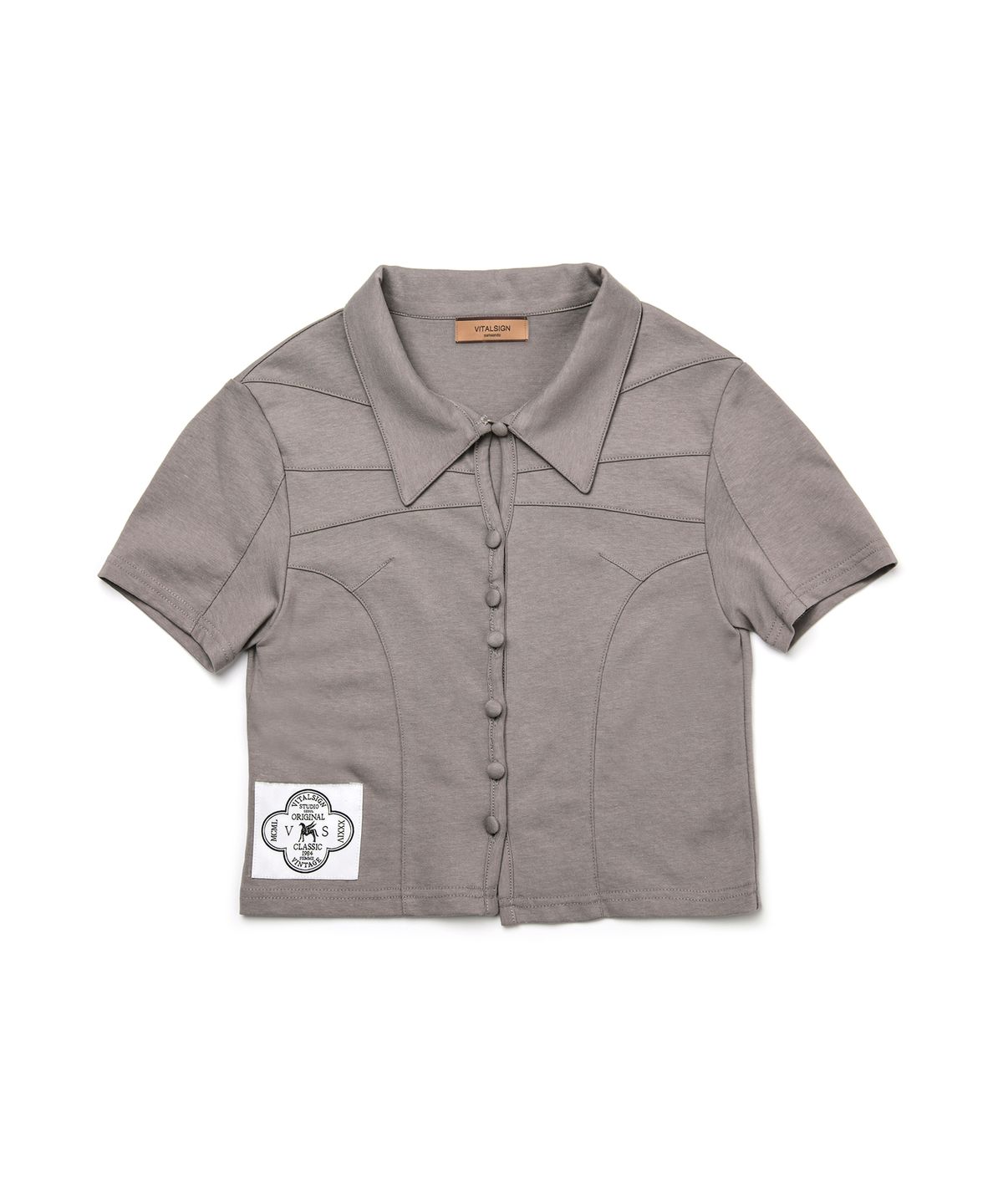 바이탈싸인(VITALSIGN) [LINE] Line Button Crop T-shirt (Gray)